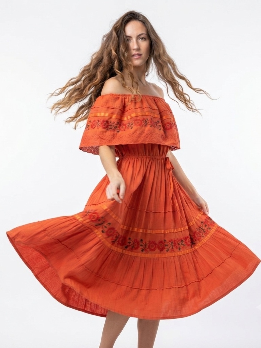 Boho Off-Shoulder Embroidered Floral Dress Orange Mexican Style Sundress O/S